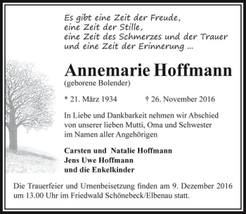 Traueranzeige von Annemarie Hoffmann (geb. Bolender)  von Magdeburger Volksstimme