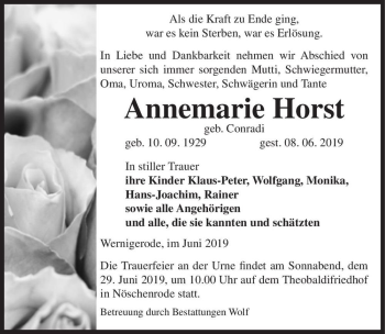 Traueranzeige von Annemarie Horst (geb. Conradi)  von Magdeburger Volksstimme