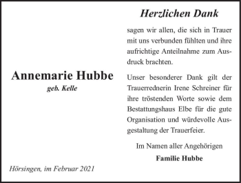 Traueranzeige von Annemarie Hubbe (geb. Kelle)  von Magdeburger Volksstimme