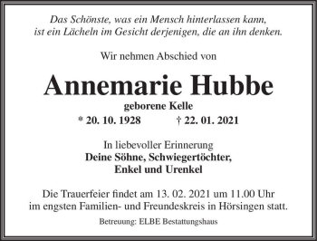 Traueranzeige von Annemarie Hubbe (geb. Kelle)  von Magdeburger Volksstimme