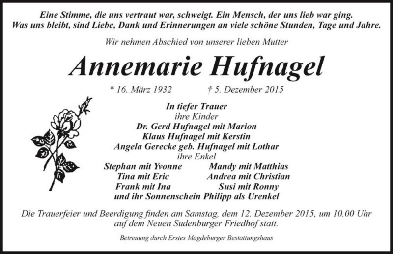  Traueranzeige für Annemarie Hufnagel  vom 10.12.2015 aus Magdeburger Volksstimme