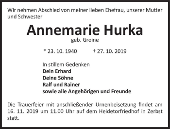 Traueranzeige von Annemarie Hurka (geb. Groine)  von Magdeburger Volksstimme