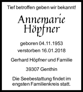 Traueranzeige von Annemarie Höpfner  von Magdeburger Volksstimme
