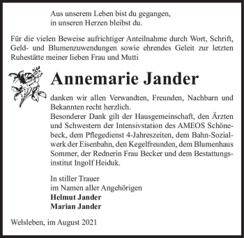 Traueranzeige von Annemarie Jander  von Magdeburger Volksstimme