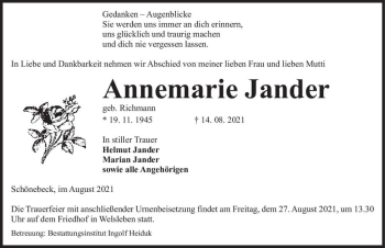 Traueranzeige von Annemarie Jander (geb. Richmann)  von Magdeburger Volksstimme