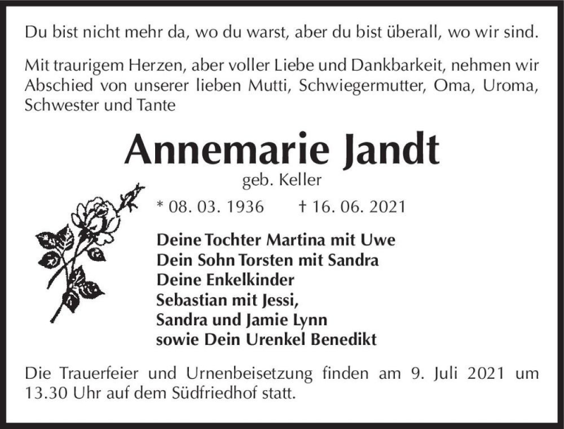  Traueranzeige für Annemarie Jandt (geb. Keller)  vom 26.06.2021 aus Magdeburger Volksstimme