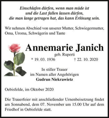 Traueranzeige von Annemarie Janich (geb. Ruperti)  von Magdeburger Volksstimme