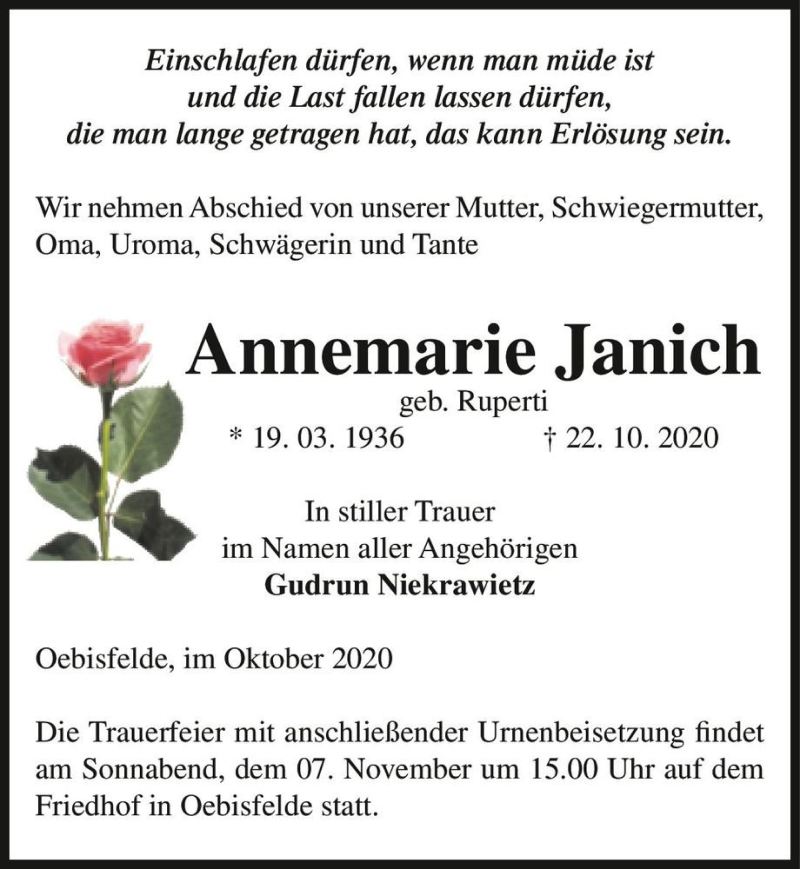  Traueranzeige für Annemarie Janich (geb. Ruperti)  vom 27.10.2020 aus Magdeburger Volksstimme