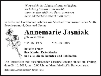 Traueranzeige von Annemarie Jasniak (geb. Ackermann)  von Magdeburger Volksstimme
