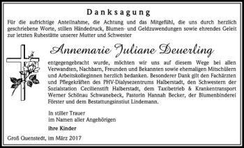Traueranzeige von Annemarie Juliane Deuerling  von Magdeburger Volksstimme