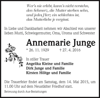 Traueranzeige von Annemarie Junge  von Magdeburger Volksstimme