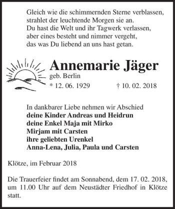 Traueranzeige von Annemarie Jäger (geb. Berlin)  von Magdeburger Volksstimme