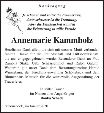 Traueranzeige von Annemarie Kammholz  von Magdeburger Volksstimme