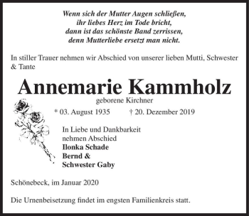 Traueranzeige von Annemarie Kammholz (geb. Kirchner)  von Magdeburger Volksstimme