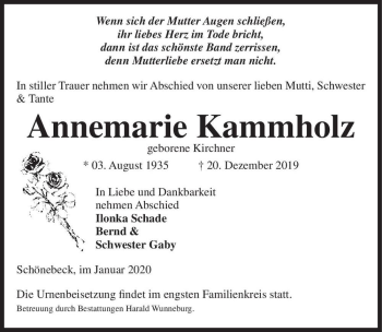 Traueranzeige von Annemarie Kammholz (geb. Kirchner)  von Magdeburger Volksstimme