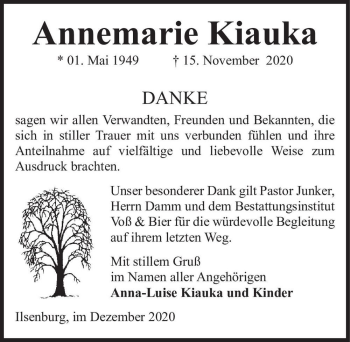 Traueranzeige von Annemarie Kiauka  von Magdeburger Volksstimme