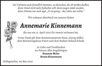 Traueranzeige von Annemarie Kinnemann  von Magdeburger Volksstimme