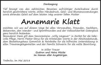 Traueranzeige von Annemarie Klatt  von Magdeburger Volksstimme