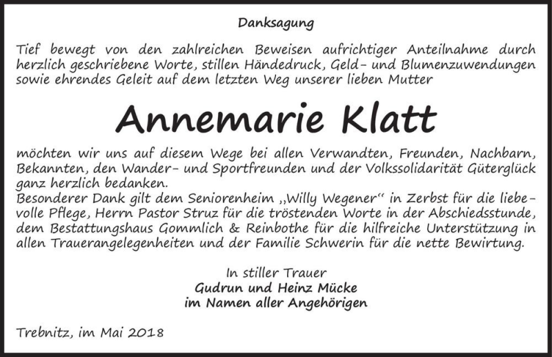  Traueranzeige für Annemarie Klatt  vom 09.06.2018 aus Magdeburger Volksstimme
