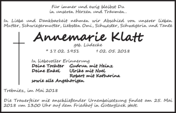 Traueranzeige von Annemarie Klatt (geb. Lüdecke)  von Magdeburger Volksstimme
