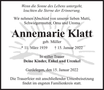 Traueranzeige von Annemarie Klatt (geb. Müller)  von Magdeburger Volksstimme