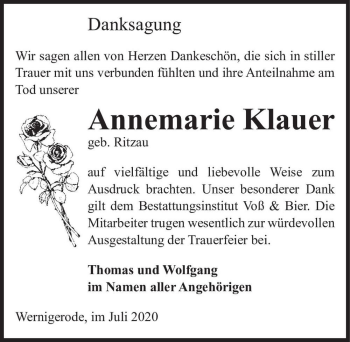 Traueranzeige von Annemarie Klauer (geb. Ritzau)  von Magdeburger Volksstimme