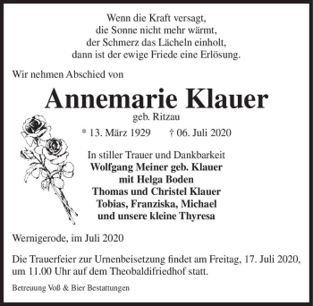 Traueranzeige von Annemarie Klauer (geb. Ritzau)  von Magdeburger Volksstimme