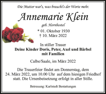Traueranzeige von Annemarie Klein (geb. Hornbostel)  von Magdeburger Volksstimme