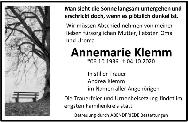  Traueranzeige für Annemarie Klemm  vom 24.10.2020 aus Magdeburger Volksstimme