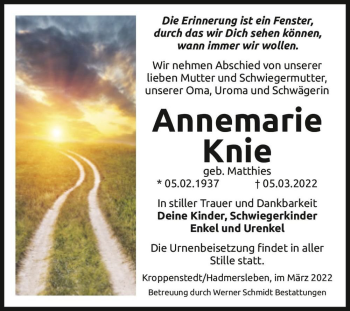 Traueranzeige von Annemarie Knie (geb. Matthies)  von Magdeburger Volksstimme