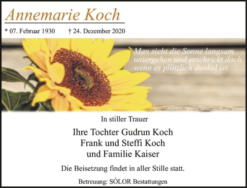  Traueranzeige für Annemarie Koch  vom 02.01.2021 aus Magdeburger Volksstimme