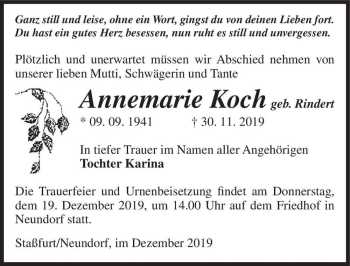Traueranzeige von Annemarie Koch (geb. Rindert)  von Magdeburger Volksstimme