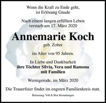 Traueranzeige von Annemarie Koch (geb. Zober)  von Magdeburger Volksstimme