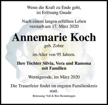 Traueranzeige von Annemarie Koch (geb. Zober)  von Magdeburger Volksstimme