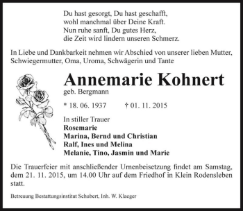 Traueranzeige von Annemarie Kohnert (geb. Bergmann)  von Magdeburger Volksstimme
