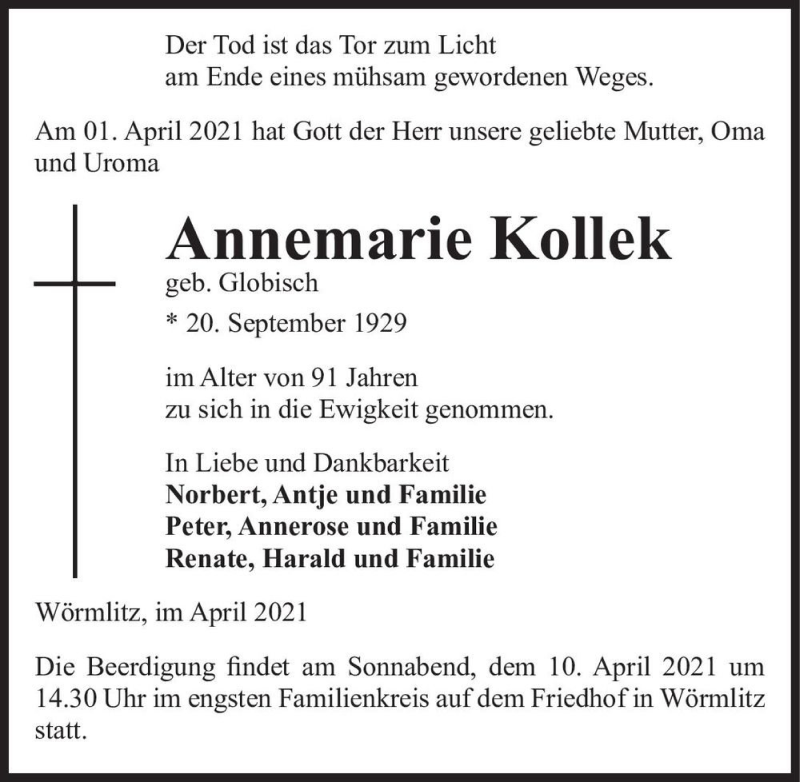  Traueranzeige für Annemarie Kolleg (geb. Globisch)  vom 08.04.2021 aus Magdeburger Volksstimme