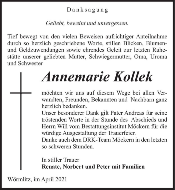 Traueranzeige von Annemarie Kollek  von Magdeburger Volksstimme