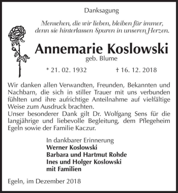 Traueranzeige von Annemarie Koslowski (geb. Blume)  von Magdeburger Volksstimme