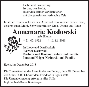Traueranzeige von Annemarie Koslowski (geb. Blume)  von Magdeburger Volksstimme