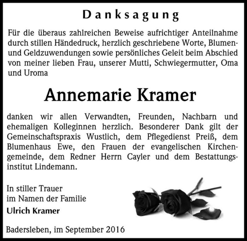  Traueranzeige für Annemarie Kramer  vom 08.10.2016 aus Magdeburger Volksstimme