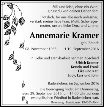 Traueranzeige von Annemarie Kramer (geb. Brandt)  von Magdeburger Volksstimme