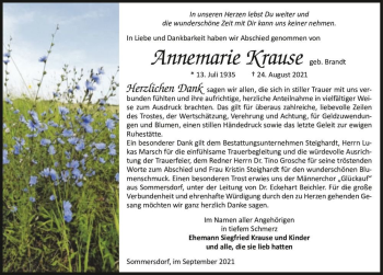 Traueranzeige von Annemarie Krause (geb. Brandt)  von Magdeburger Volksstimme