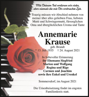 Traueranzeige von Annemarie Krause (geb. Brandt)  von Magdeburger Volksstimme