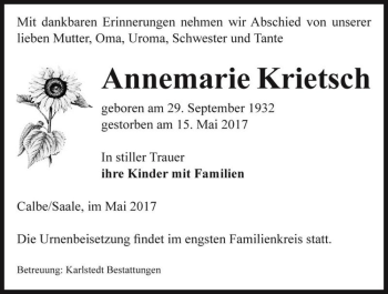 Traueranzeige von Annemarie Krietsch  von Magdeburger Volksstimme