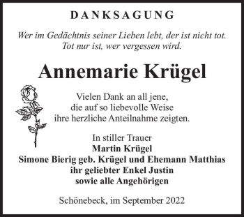 Traueranzeige von Annemarie Krügel  von Magdeburger Volksstimme