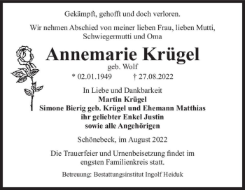 Traueranzeige von Annemarie Krügel (geb. Wolf)  von Magdeburger Volksstimme