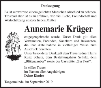 Traueranzeige von Annemarie Krüger  von Magdeburger Volksstimme