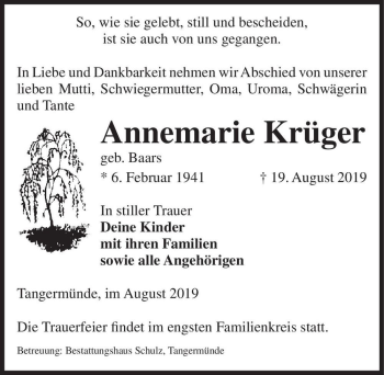 Traueranzeige von Annemarie Krüger (geb. Baars)  von Magdeburger Volksstimme