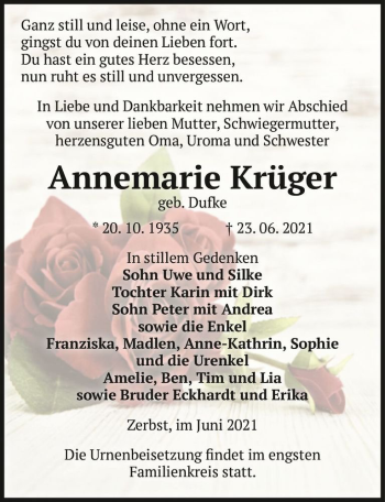 Traueranzeige von Annemarie Krüger (geb. Dufke)  von Magdeburger Volksstimme