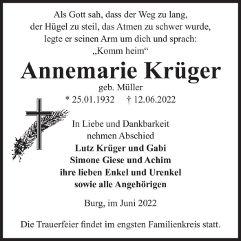 Traueranzeige von Annemarie Krüger (geb. Müller)  von Magdeburger Volksstimme